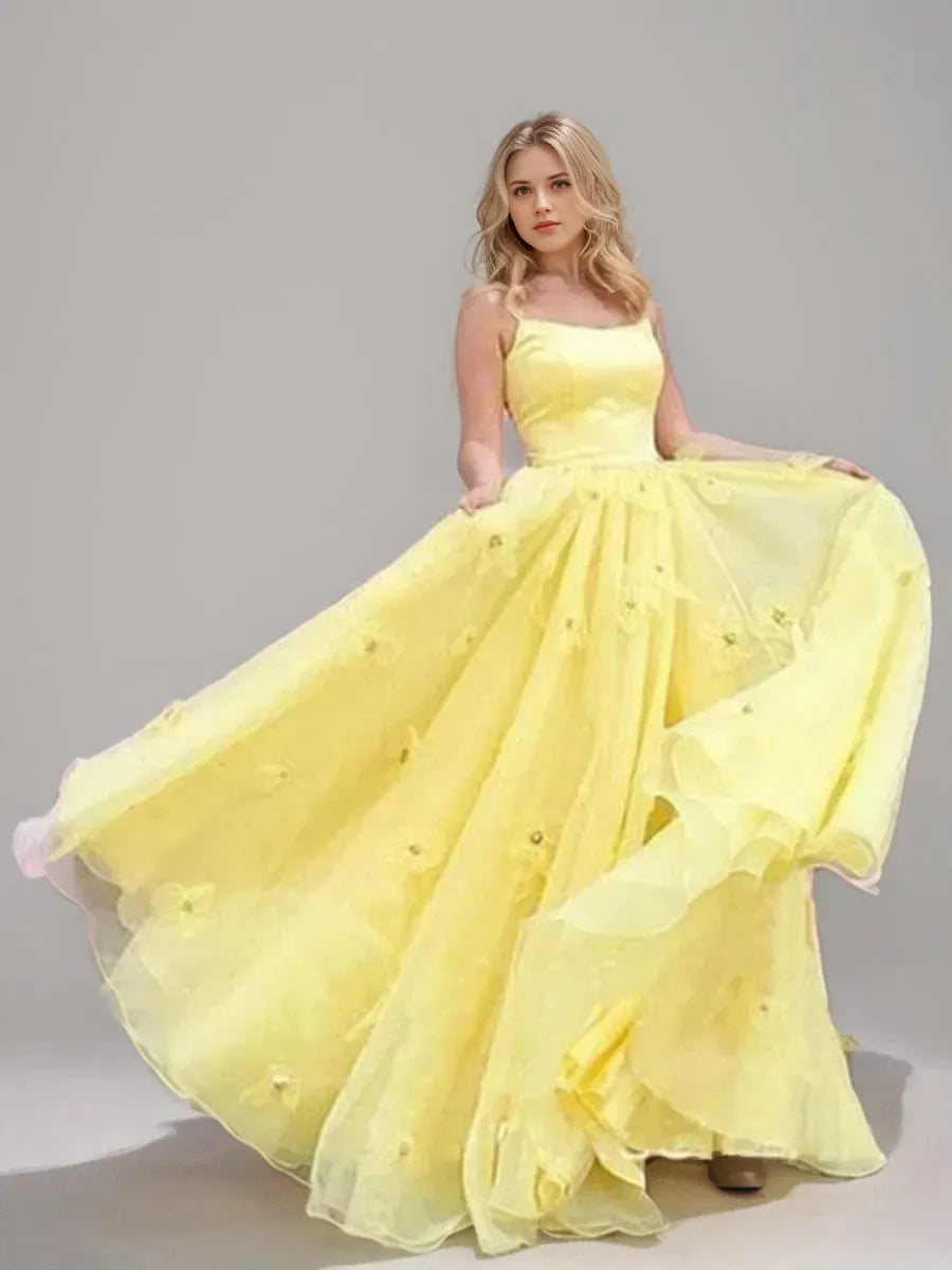Princess Spaghetti Straps Sleeveless Floor-Length Lace-up Back Prom Dresses with Flowers