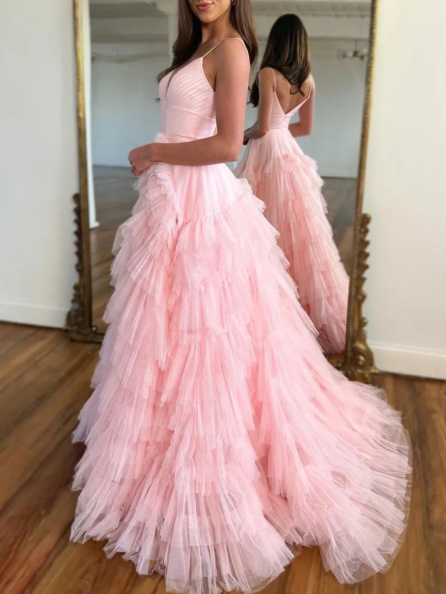 Elegant Red Ruffled A-Line Classic-Neck Sleeveless Classic-Back Floor-Length Prom Dress