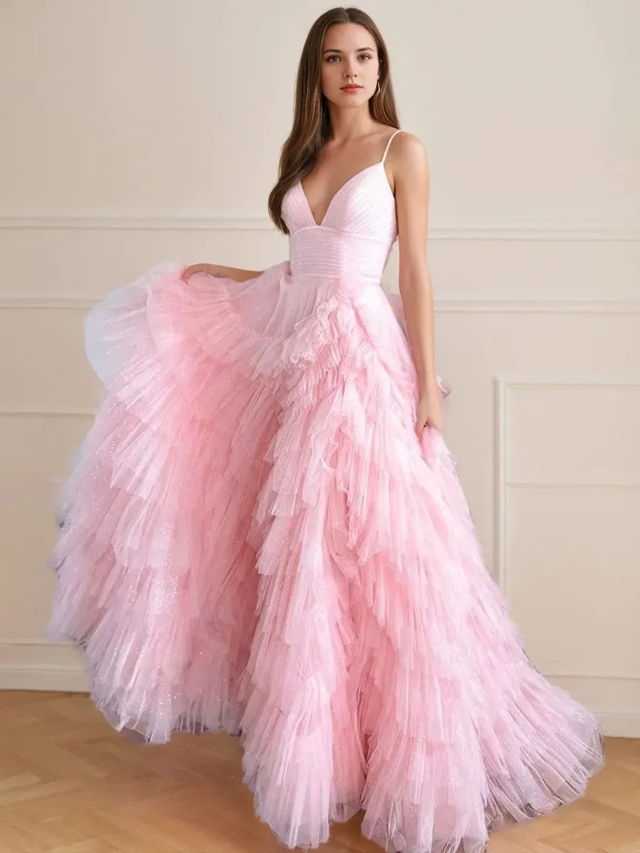 Princess Spaghetti Straps Sleeveless Floor-Length Prom Dresses with Ruffles