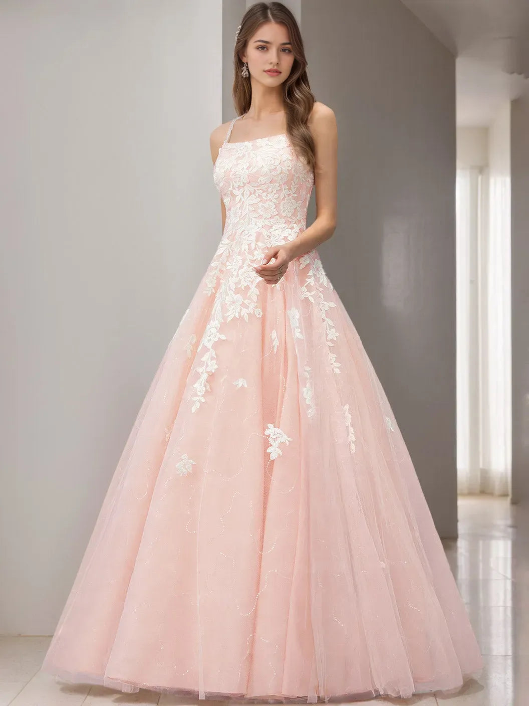 Princess Spaghetti Straps Sleeveless Floor-Length Wedding Dress with Appliques