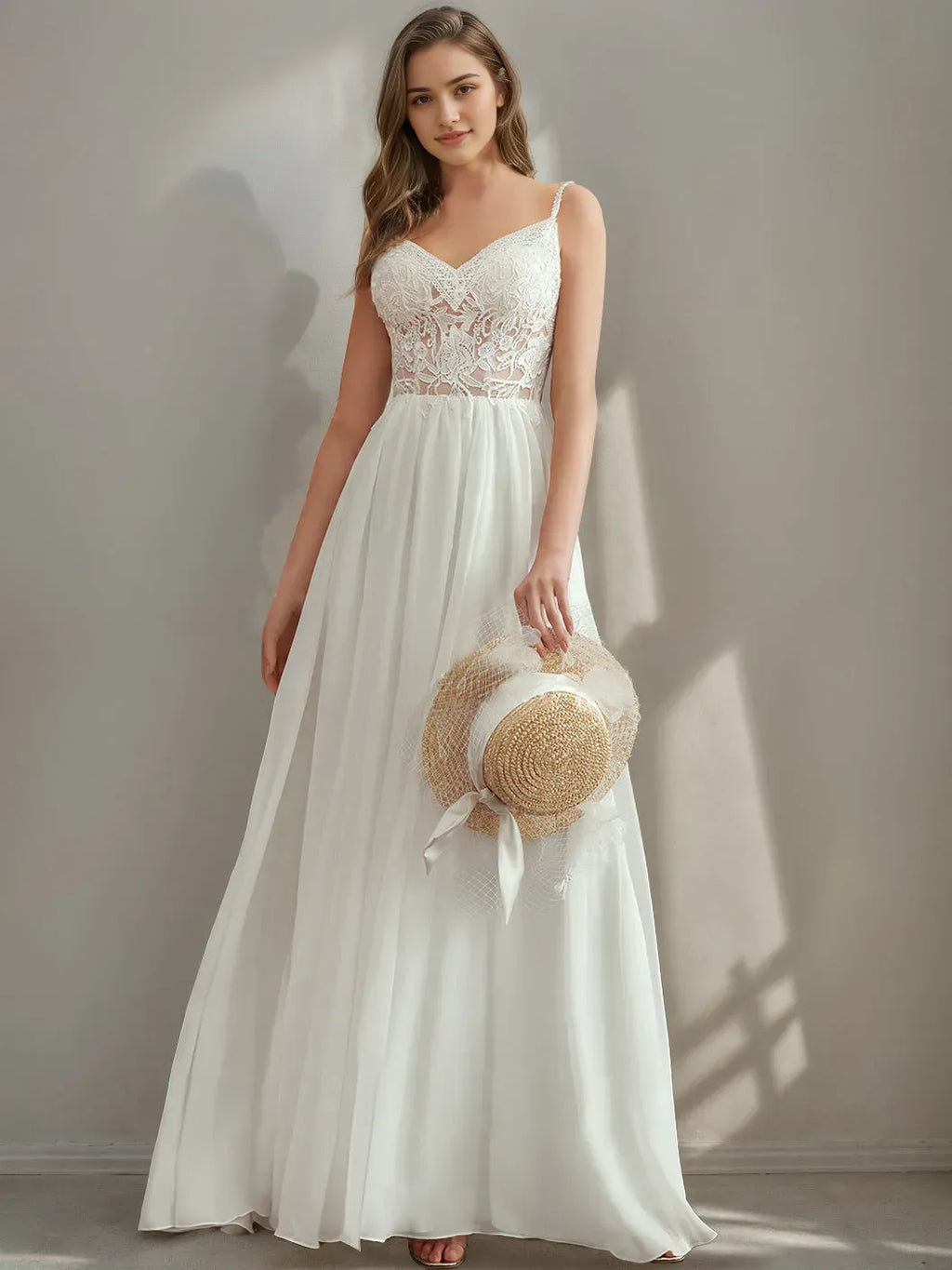 Princess Spaghetti Straps V-Neck Wedding Dress with Appliques