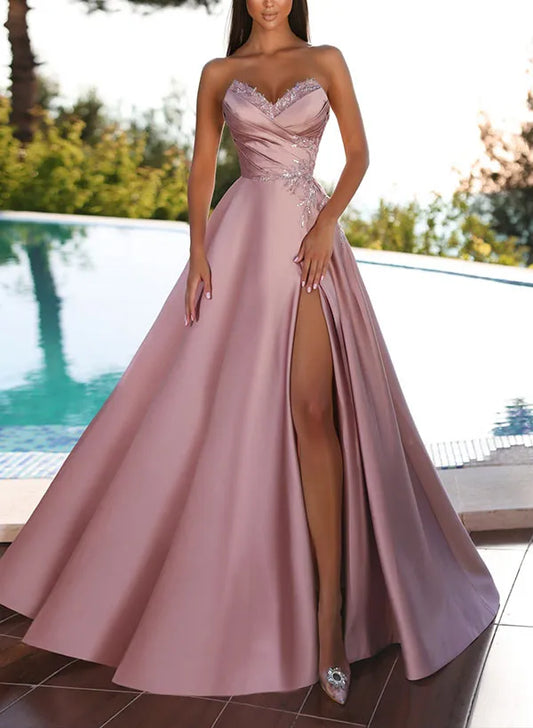 Elegant Red Floral A-Line Strapless Classic-Sleeve Classic-Back Floor-Length Prom Dress