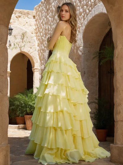 Elegant Red Ruffled A-Line Strapless Classic-Sleeve Backless Floor-Length Prom Dress