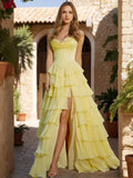 Princess Strapless Ruched Backless Prom Dresses with Ruffles High Split Embroidery