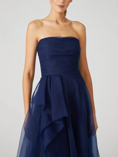 Elegant Red Ruffled A-Line Strapless Sleeveless Classic-Back Floor-Length Prom Dress