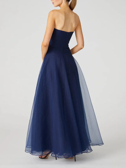 Elegant Red Ruffled A-Line Strapless Sleeveless Classic-Back Floor-Length Prom Dress
