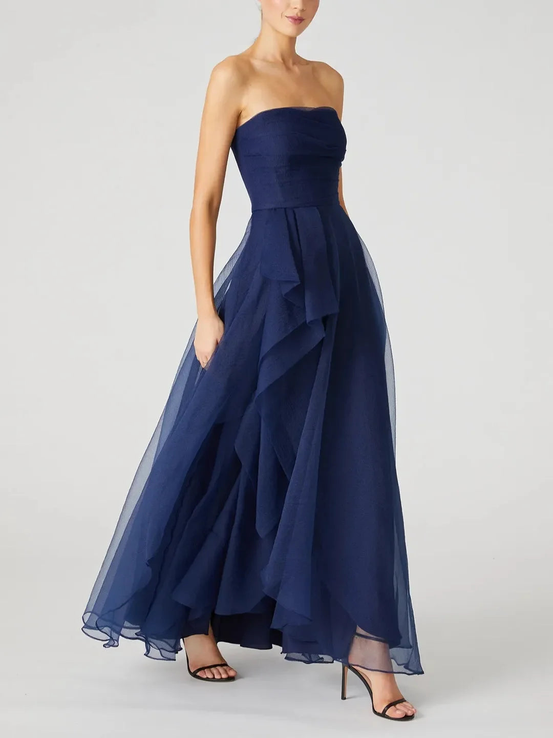 Elegant Red Ruffled A-Line Strapless Sleeveless Classic-Back Floor-Length Prom Dress