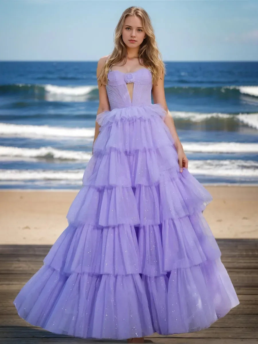 Elegant Red Ruffled A-Line Strapless Sleeveless Classic-Back Floor-Length Prom Dress
