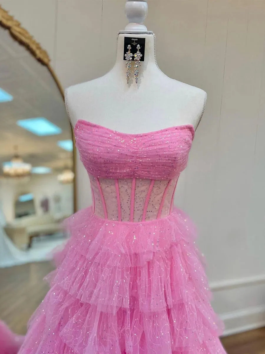 Princess Strapless Sleeveless Pleated Prom Dresses with Ruffles Sequins