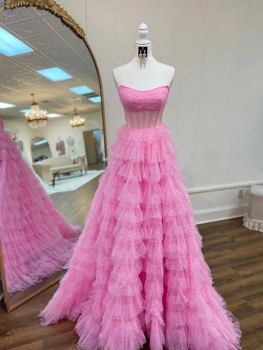 Princess Strapless Sleeveless Pleated Prom Dresses with Ruffles Sequins