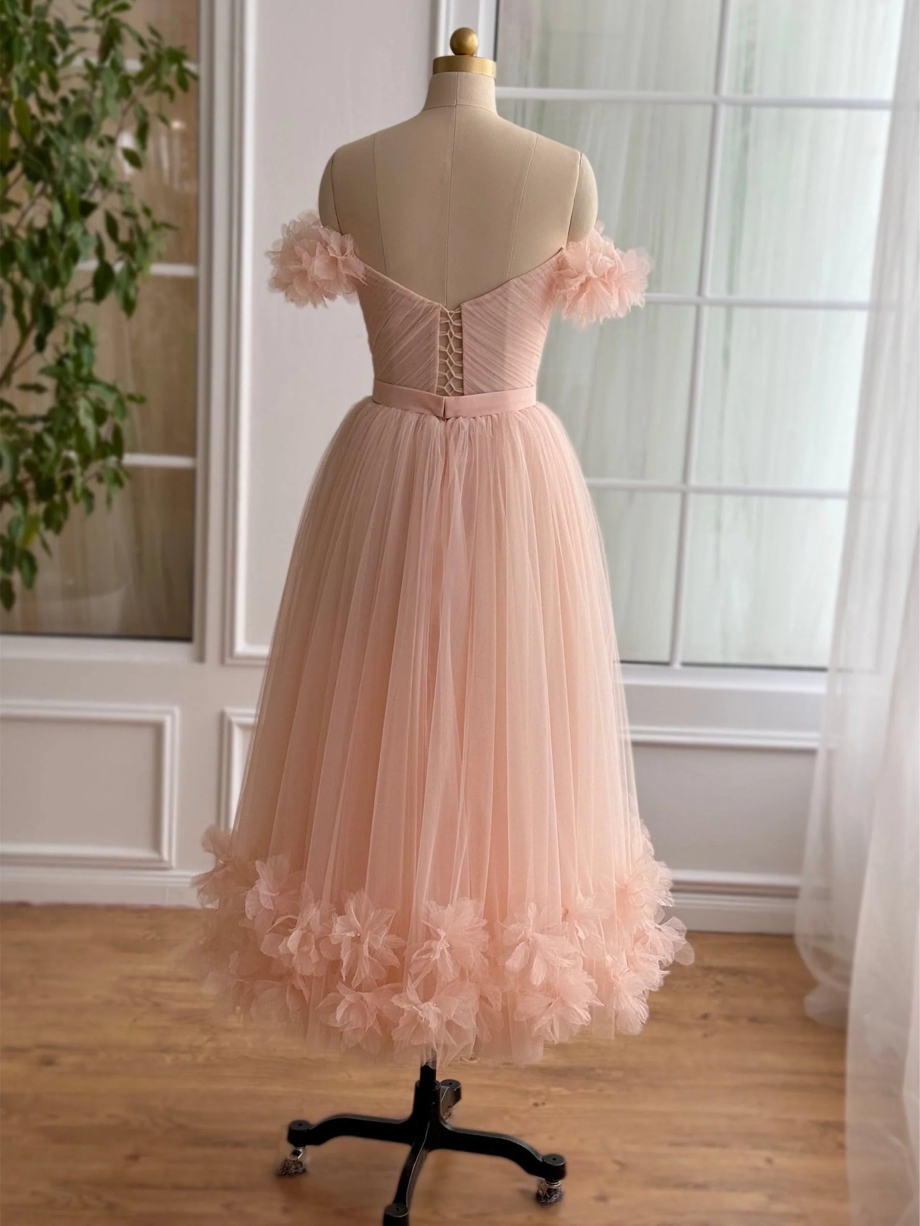 Princess Sweetheart Off-the-Shoulder Ankle-Length Prom Dress with Flowers
