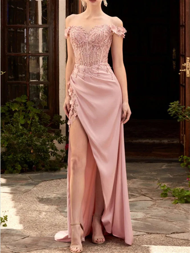 Princess Sweetheart Off-the-Shoulder Floor-Length Prom Dresses with Embroidery
