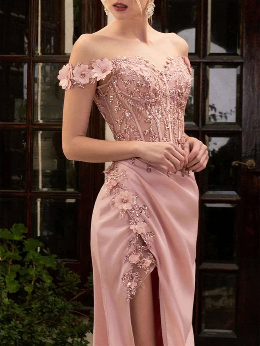 Princess Sweetheart Off-the-Shoulder Floor-Length Prom Dresses with Embroidery