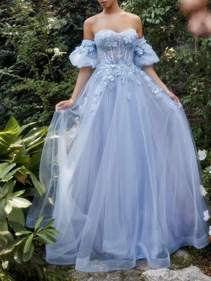 Princess Sweetheart Short Sleeves Floor-length Long Prom Dresses With Flowers