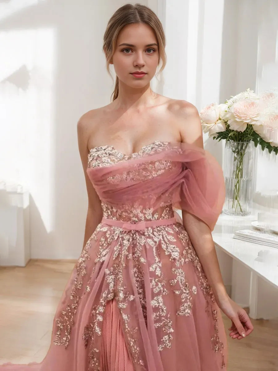 Princess Sweetheart Sleeveless Prom Dresses with Split Side Appliques