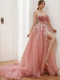 Princess Sweetheart Sleeveless Prom Dresses with Split Side Appliques