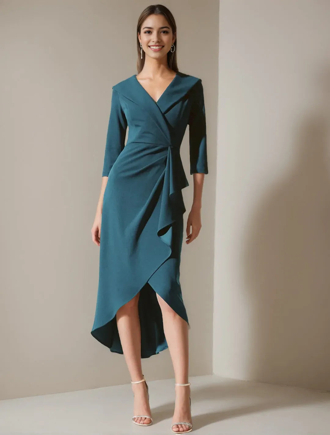 Princess V-Neck 3/4 Sleeves Asymmetrical Mother of the Bride Dresses with Ruffle