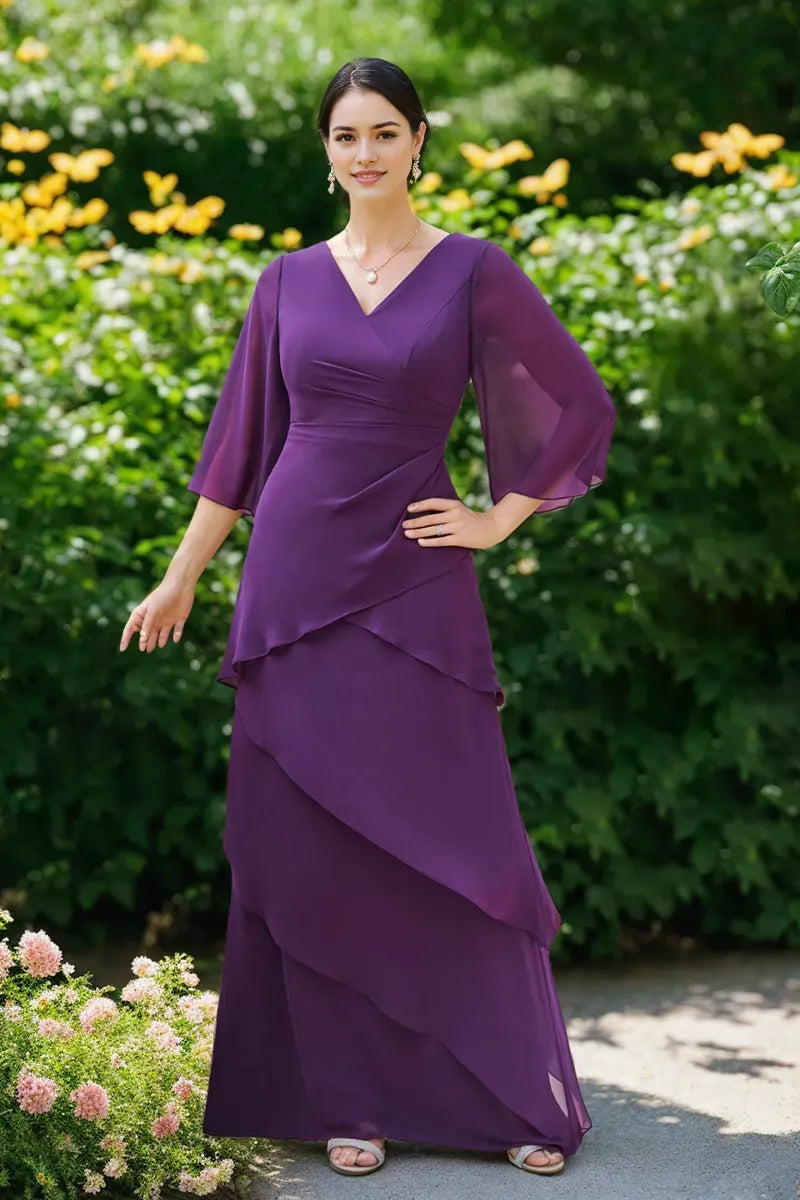 Princess V-Neck 3/4 Sleeves Mother Of The Bride Groom Dresses with Ruffles