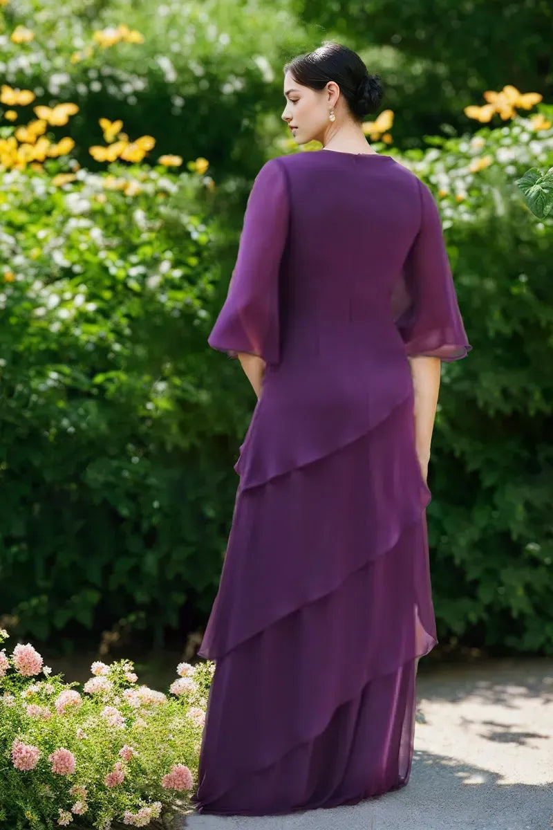 Princess V-Neck 3/4 Sleeves Mother Of The Bride Groom Dresses with Ruffles
