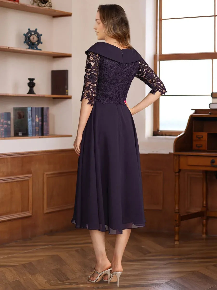 Princess V-Neck Half Sleeves Tea Length Mother of the Bride Groom Dresses with Appliques