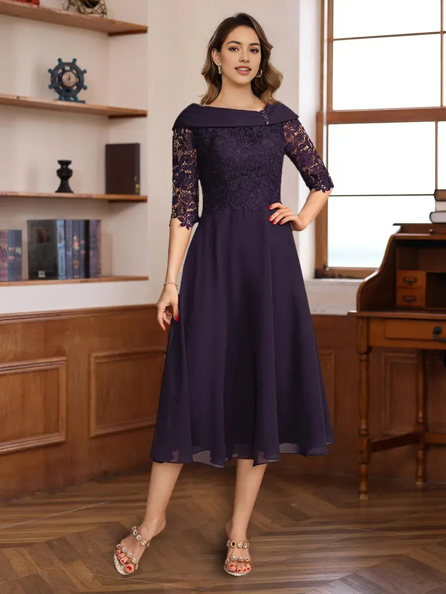 Princess V-Neck Half Sleeves Tea Length Mother of the Bride Groom Dresses with Appliques