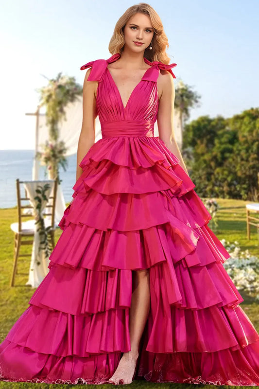 Elegant Red Ruffled A-Line V-Neck Classic-Sleeve Classic-Back Floor-Length Prom Dress