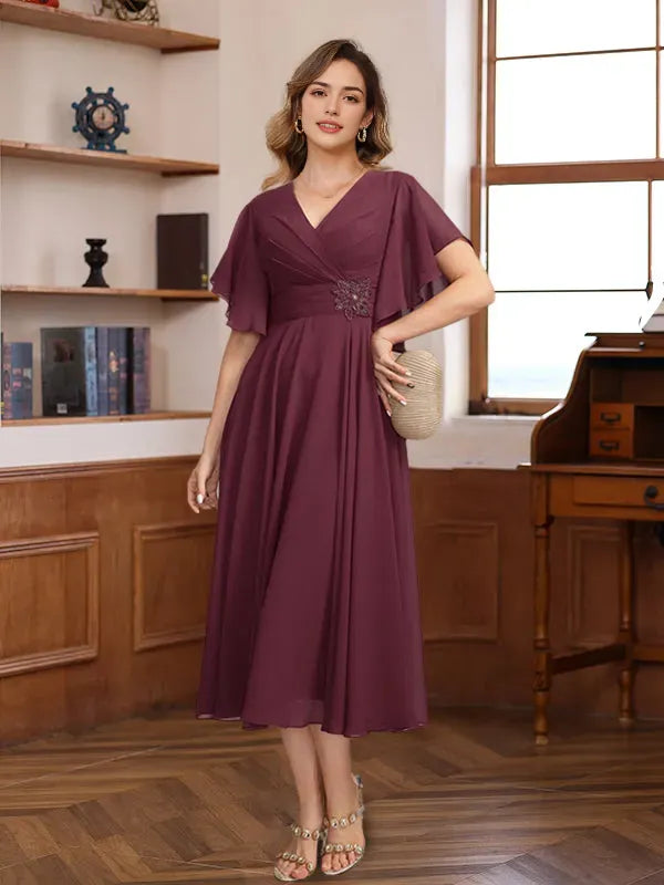 Elegant Red Ruffled A-Line V-Neck Classic-Sleeve Classic-Back Tea-Length Mother-of-the-Bride Dress