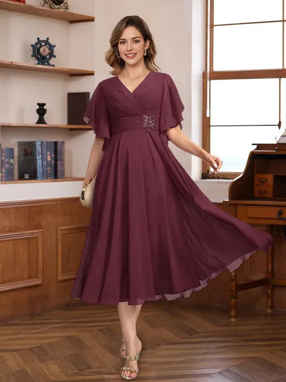 Elegant Red Ruffled A-Line V-Neck Classic-Sleeve Classic-Back Tea-Length Mother-of-the-Bride Dress