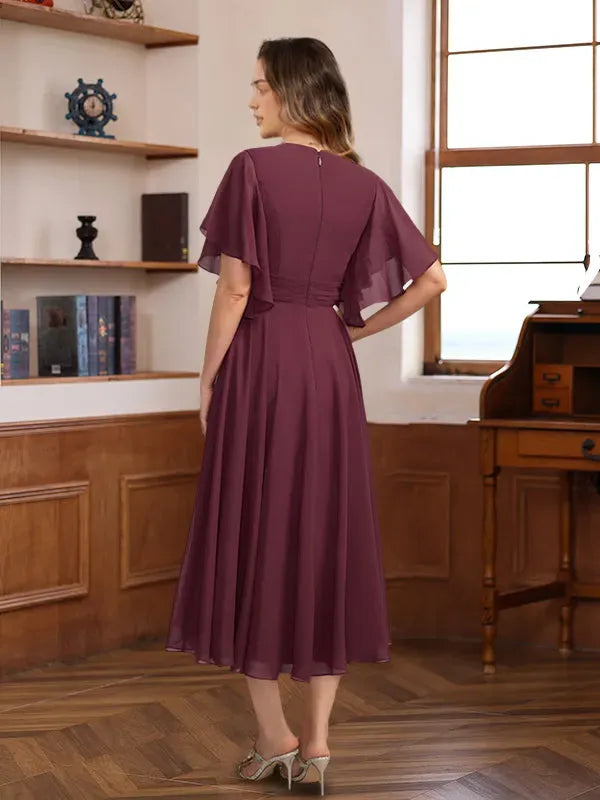 Elegant Red Ruffled A-Line V-Neck Classic-Sleeve Classic-Back Tea-Length Mother-of-the-Bride Dress
