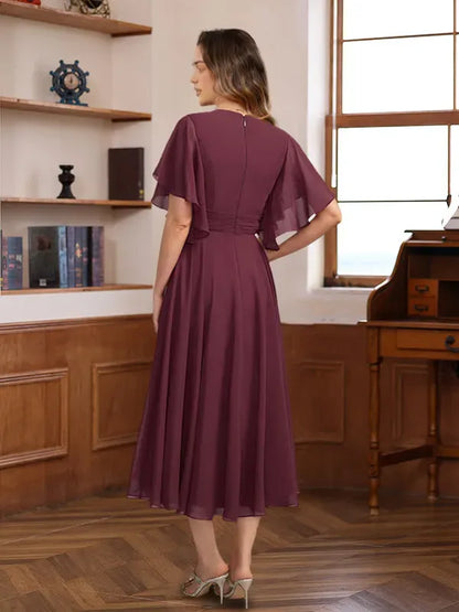 Elegant Red Ruffled A-Line V-Neck Classic-Sleeve Classic-Back Tea-Length Mother-of-the-Bride Dress