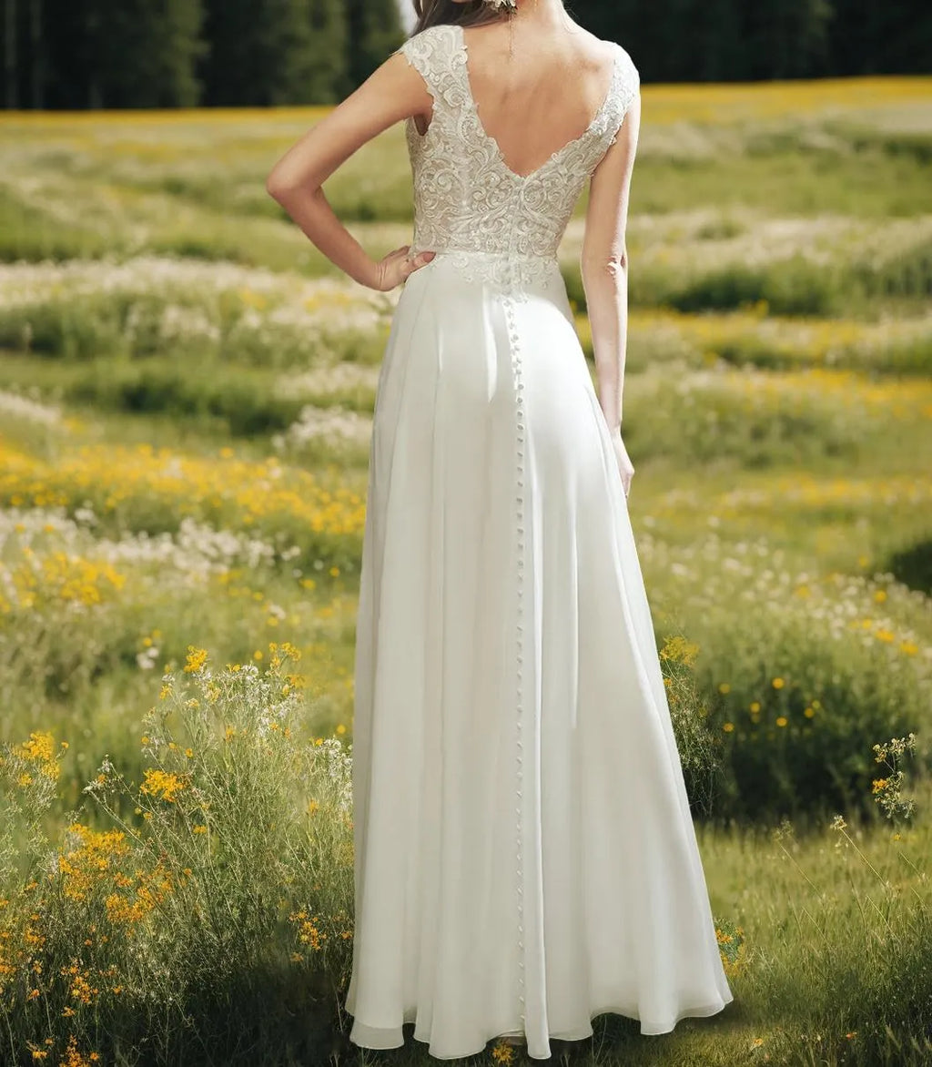 Princess V-Neck Sleeveless Ankle-Length Wedding Dress with Appliques