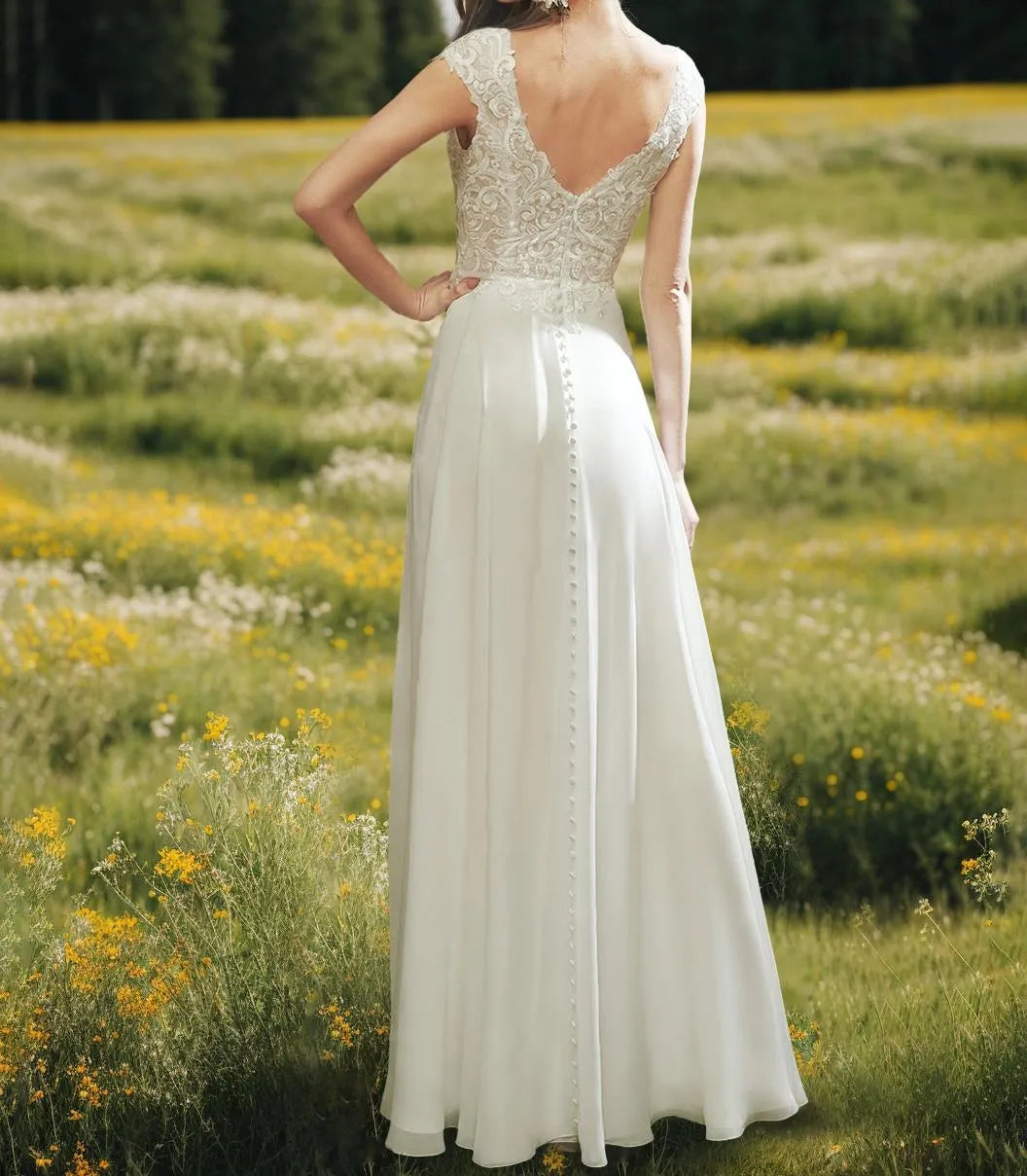 Princess V-Neck Sleeveless Ankle-Length Wedding Dress with Appliques
