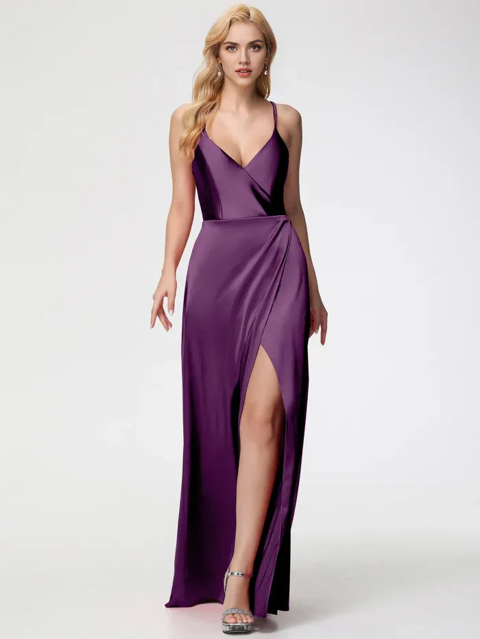 Burgundy Prom Dresses Halter Straps V-Neck Up Back Prom Dress With Slit