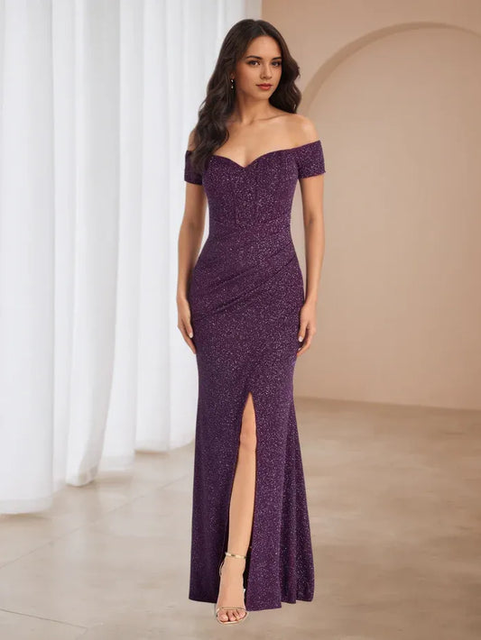 Elegant Red Slit A-Line Classic-Neck Classic-Sleeve Classic-Back Floor-Length Prom Dress
