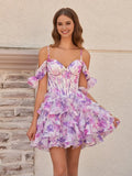 Purple - A Line Off the Shoulder Ruffles Short Homecoming Dresses