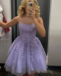 Purple Appliques Spaghetti Straps Homecoming Dresses