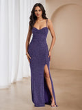 Purple Glitter Mermaid Prom Dress Cowl Neckline Spaghetti Straps Side Slit for a Dazzling Gala Entrance