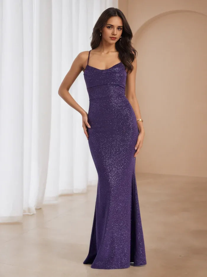 Purple Glitter Prom Dress Plunge Neckline Spaghetti Straps Mermaid Fit for Timeless Gala Sparkle