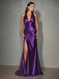 Purple Prom Dresses Halter V-Neck Trumpet/Mermaid High Waist Ruched Prom Dress With Slit