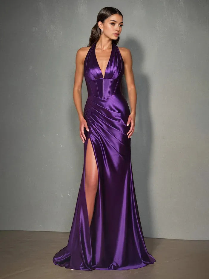 Purple Prom Dresses Halter V-Neck Trumpet/Mermaid High Waist Ruched Prom Dress With Slit