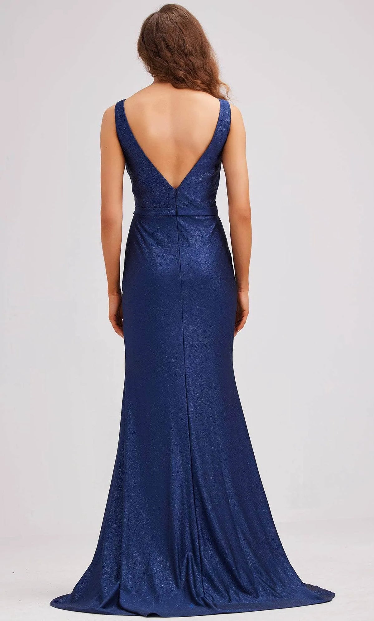 Purple Shimmer Evening Gown with V - Neck Asymmetric Ruched Bodice Waist Band and Dramatic Side Slit