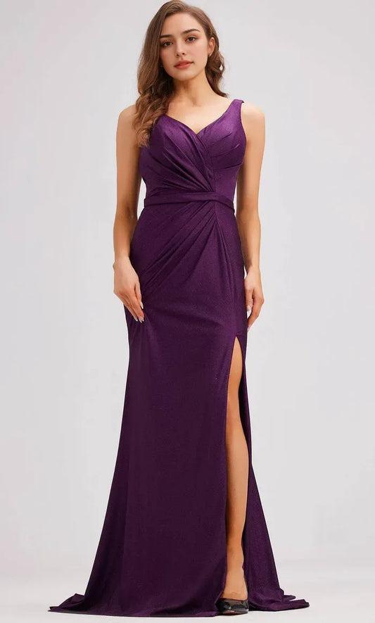 Elegant Red Slit A-Line V-Neck Classic-Sleeve Classic-Back Floor-Length Evening Dress
