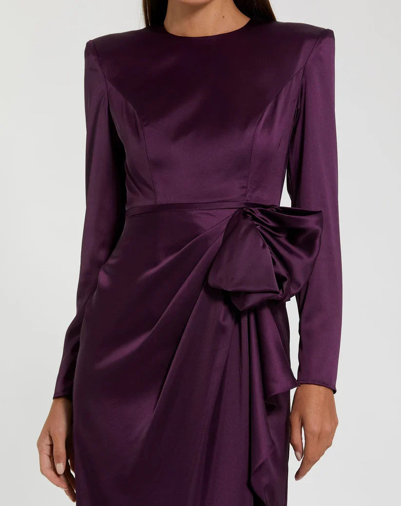 Special Occasion Sophisticated Graceful Elegant Red Satin A-Line Long Sleeve Floor-Length Prom Dress