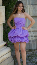 Purple Strapless Ball Homecoming Dress Ruffle Mini Party Hoco Dress Tiered Ruffle