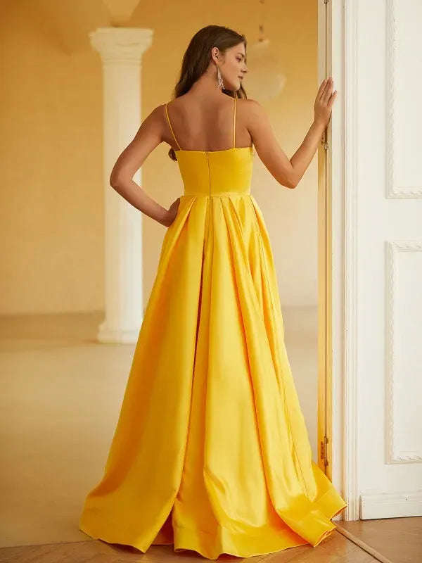 Radiant A-Line Sweetheart Spaghetti Strap Sleeveless Back Zip Floor-Length Ruffles Prom Dresses with Slit