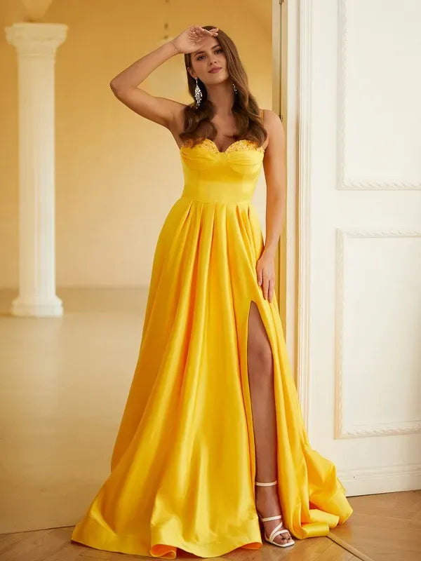 Radiant A-Line Sweetheart Spaghetti Strap Sleeveless Back Zip Floor-Length Ruffles Prom Dresses with Slit