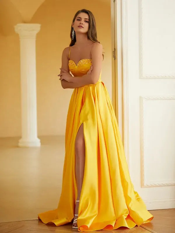 Radiant A-Line Sweetheart Spaghetti Strap Sleeveless Back Zip Floor-Length Ruffles Prom Dresses with Slit