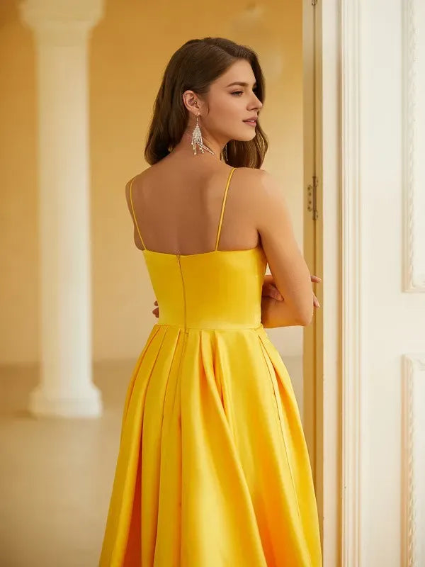 Radiant A-Line Sweetheart Spaghetti Strap Sleeveless Back Zip Floor-Length Ruffles Prom Dresses with Slit