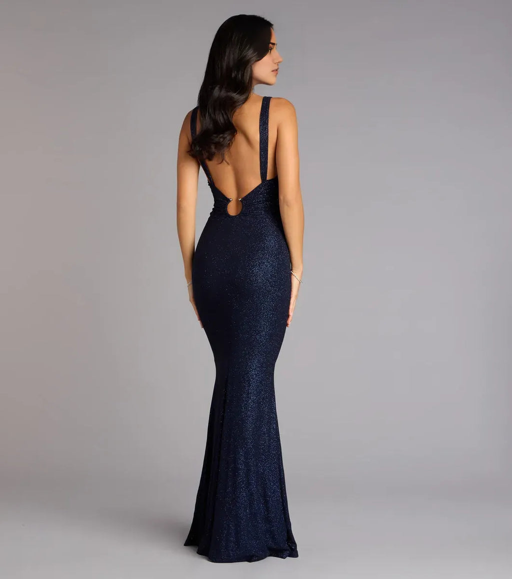 Navy Radiant Mermaid V-Neck Wide-Strap Cutout-Back Floor-Length Glitter Prom Dress