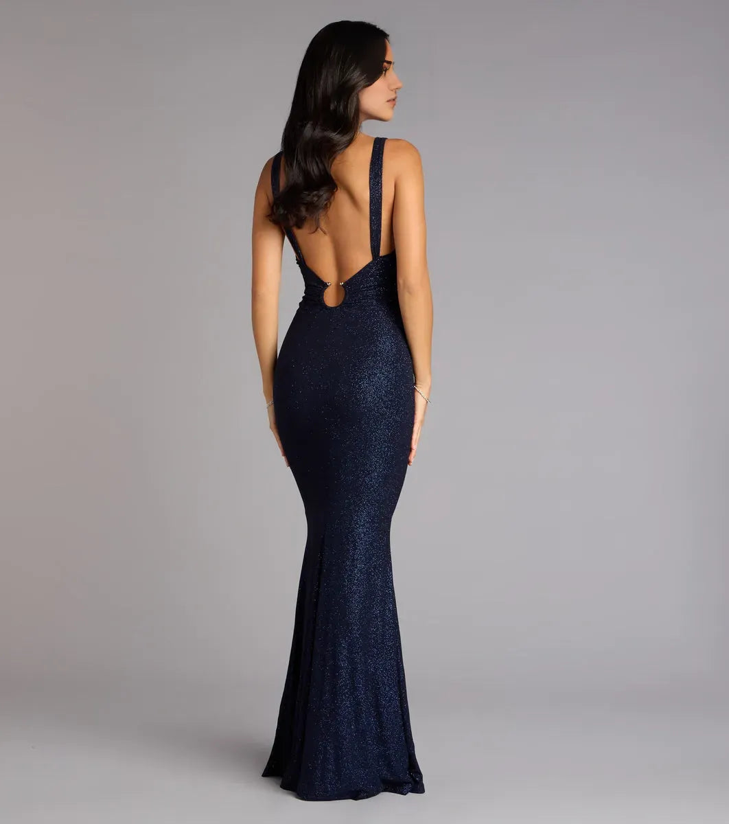 Navy Radiant Mermaid V-Neck Wide-Strap Cutout-Back Floor-Length Glitter Prom Dress